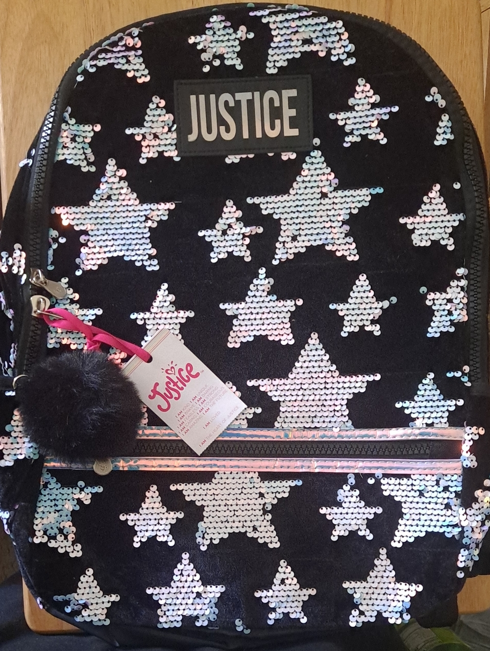 Justice Black Sequin Velor Star Backpack with Holographic Accents and Pom Pom